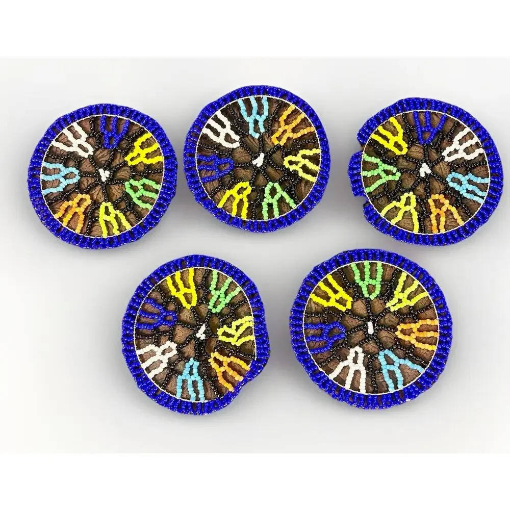 Set 5 Beaded Drink Coasters Multicolor Round Decor VTG Native American Style 3”